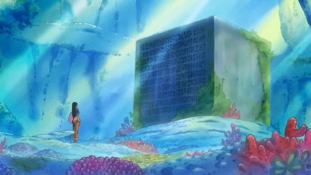 Une image de Robin lisant le ponéglyphe dans One Piece
