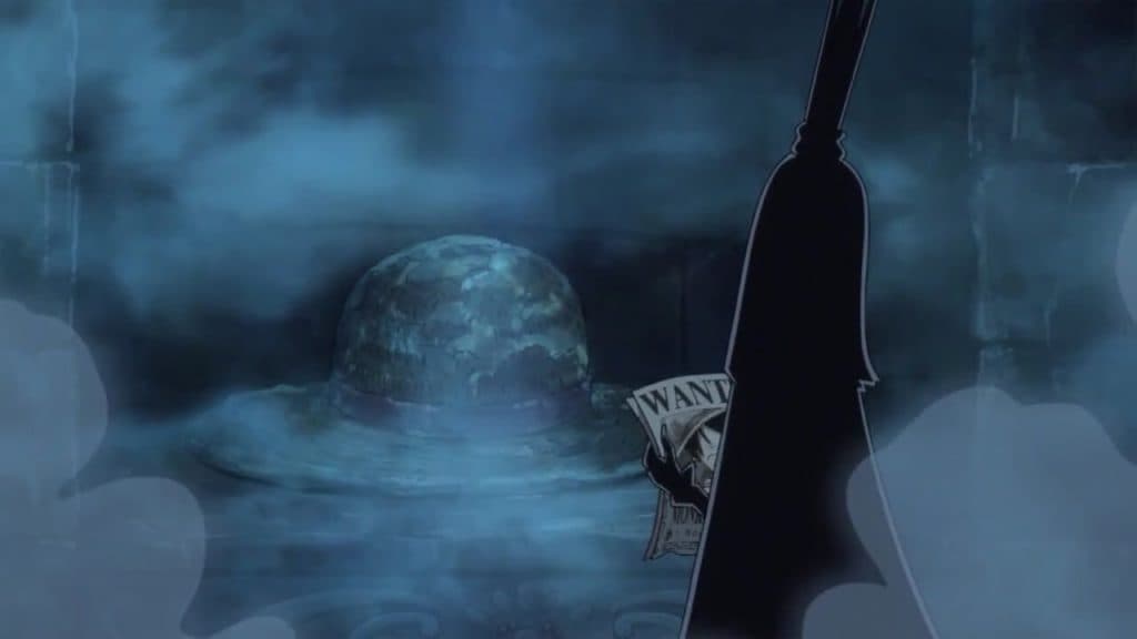 Une image d'Imu debout près d'un chapeau de paille géant et tenant l'affiche de la prime de Luffy